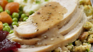 Sliced turkey on dinner plate